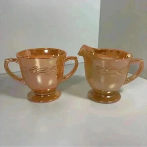 Vintage Fire-King Peach Glow Lusterware creamer & sugar bowl-Laurel Leaf pattern